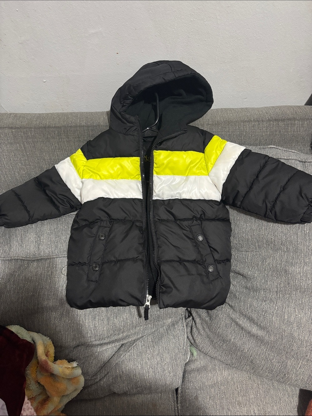 Black Hooded Puffer Jacket with Yellow & White Stripe - Kids